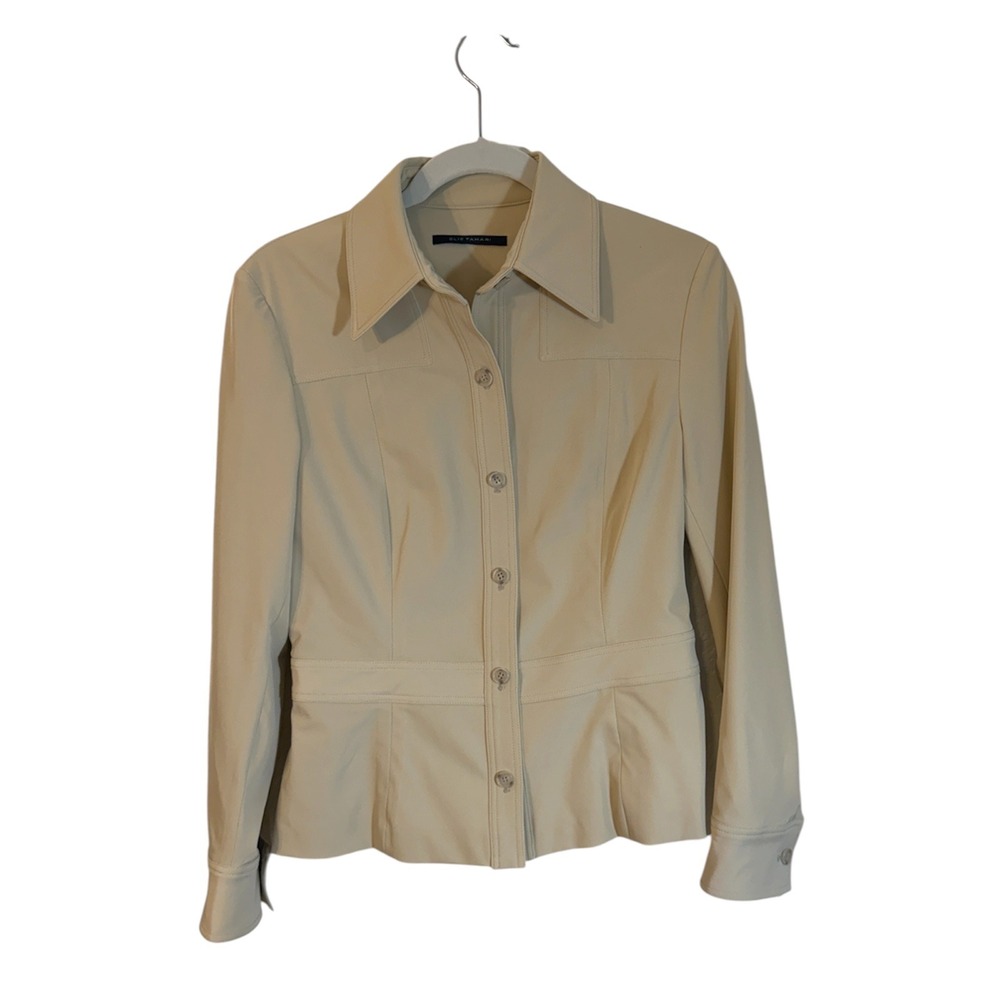 Elie Tahari Button Down Shirt Beige 6 Women Fitted Lycra Stretch Workwear
